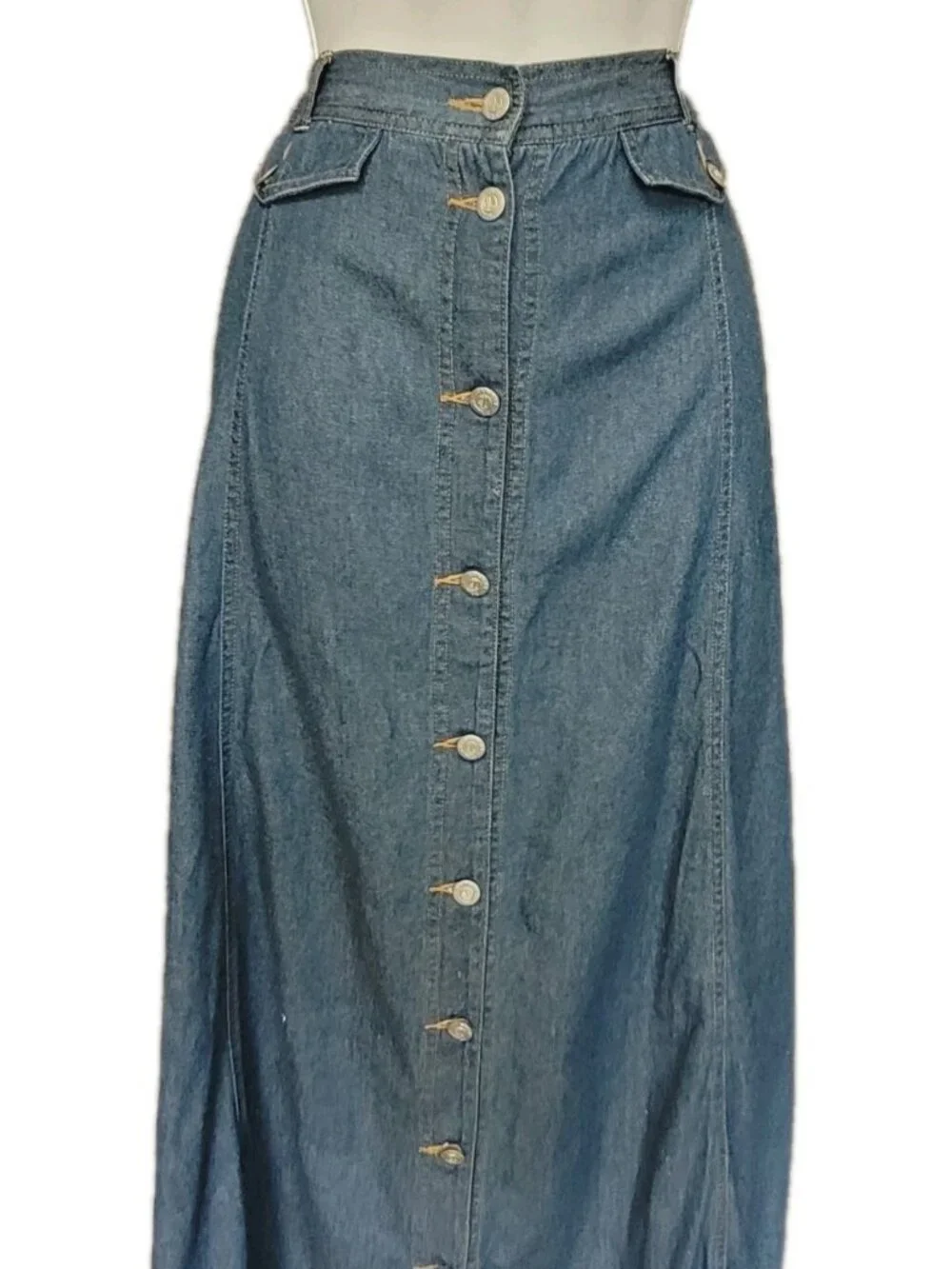 Vintage 90s Denim Maxi Skirt Jean Skirt 20W Y2K Button Front A Line Elastic Back - Picture 12 of 16